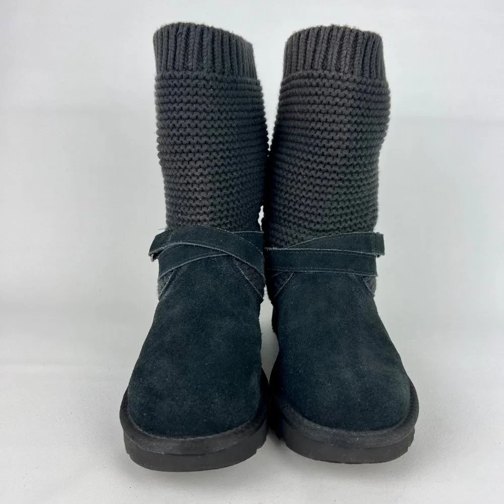 UGG Womens Purl Strap Boot 1098080 Black Suede Knit Cuff Wool Lined size 6